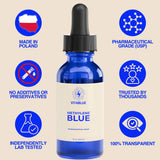 Vitablue Methylene Blue bottle dropper with certification icons on a beige background