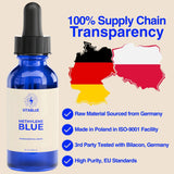 Vitablue Methylene Blue bottle with supply chain transparency details on a beige background