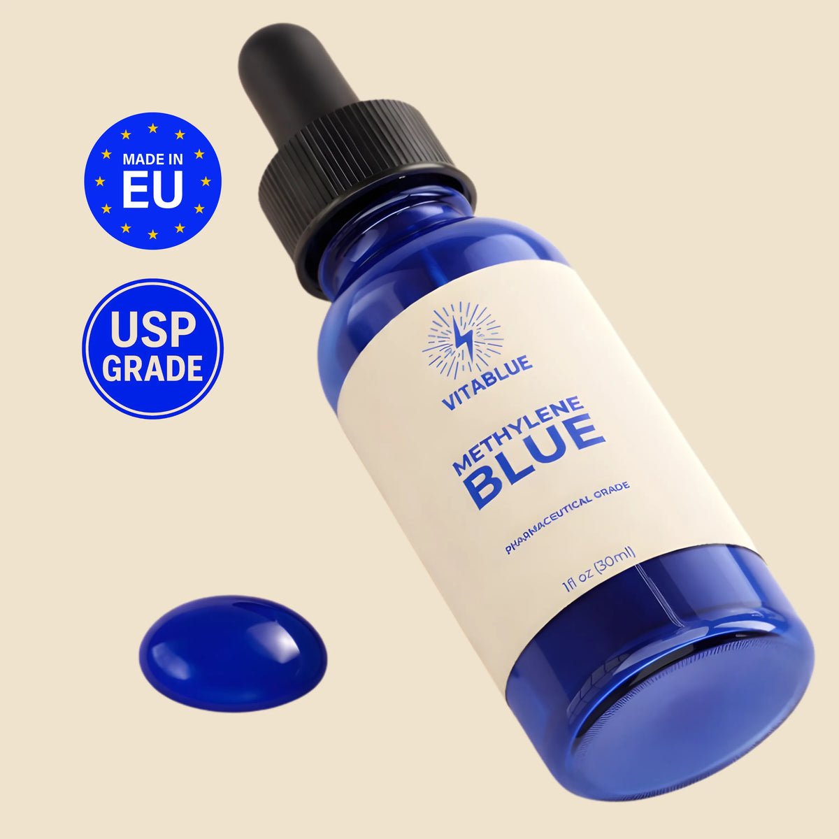 VitaBlue Methylene Blue Drops in a blue glass dropper bottle