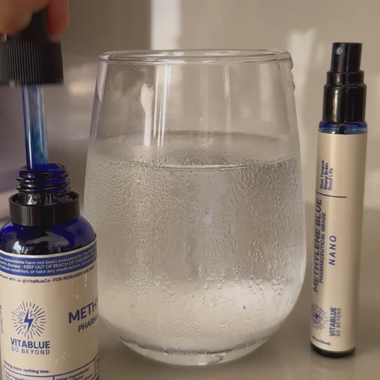 Close-up video of VitaBlue Methylene Blue bottle, Nano spray, and a glass of water showing blue liquid being drawn into the dropper