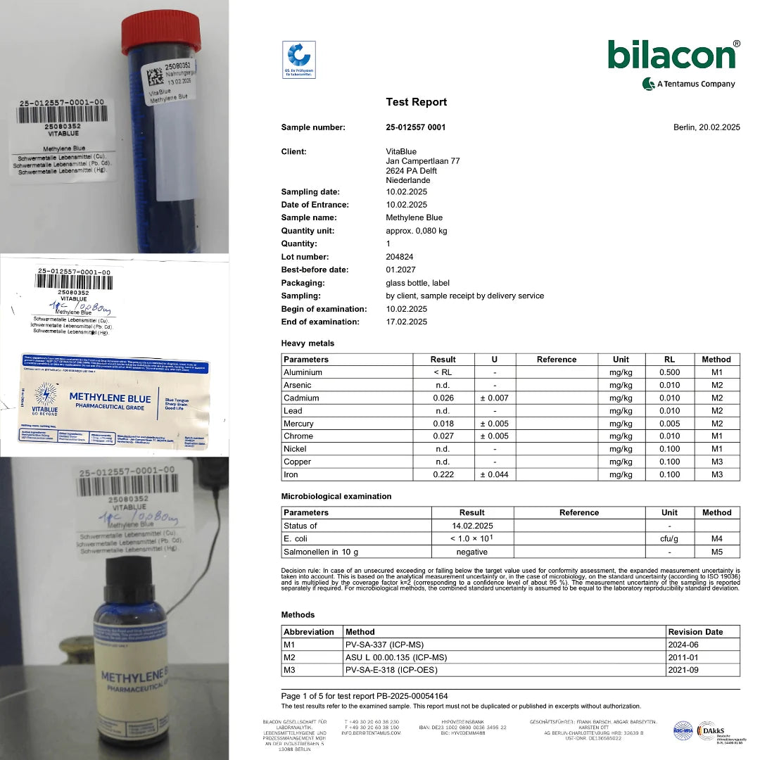 VitaBlue Methylene Blue Bilacon laboratory test report showing heavy metal analysis and purity certification, third-party tested in Germany for pharmaceutical-grade quality