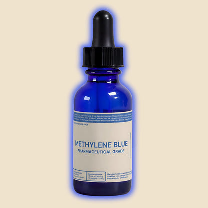 VitaBlue Methylene Blue pharmaceutical-grade dropper bottle on beige background, European made bioenergetic supplement for focus, mood, and mitochondrial health