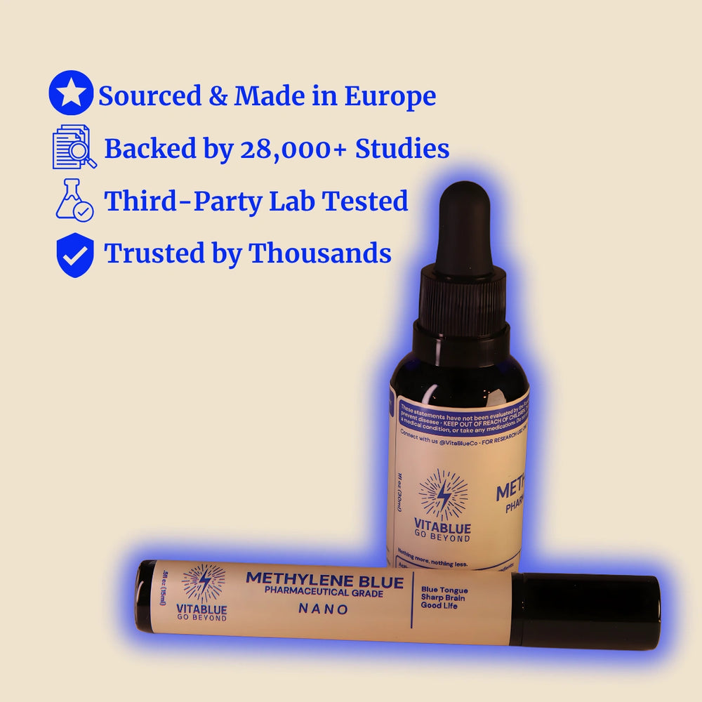 VitaBlue Methylene Blue bottles with European lab-tested pharmaceutical-grade formula on beige background, highlighting sourcing, studies, and trust badges