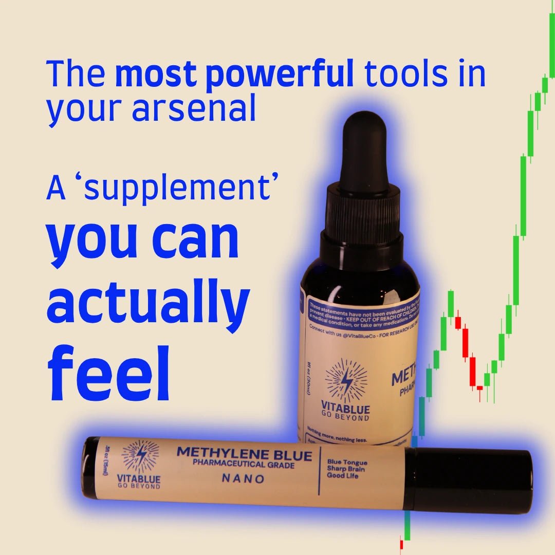VitaBlue Methylene Blue bottle and nano spray on beige background with text promoting it as a powerful supplement you can actually feel, next to a green growth chart