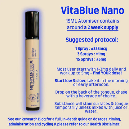 VitaBlue Nano Methylene Blue spray bottle with dosage chart and usage instructions on a beige background for bioenergetic focus and mitochondrial support