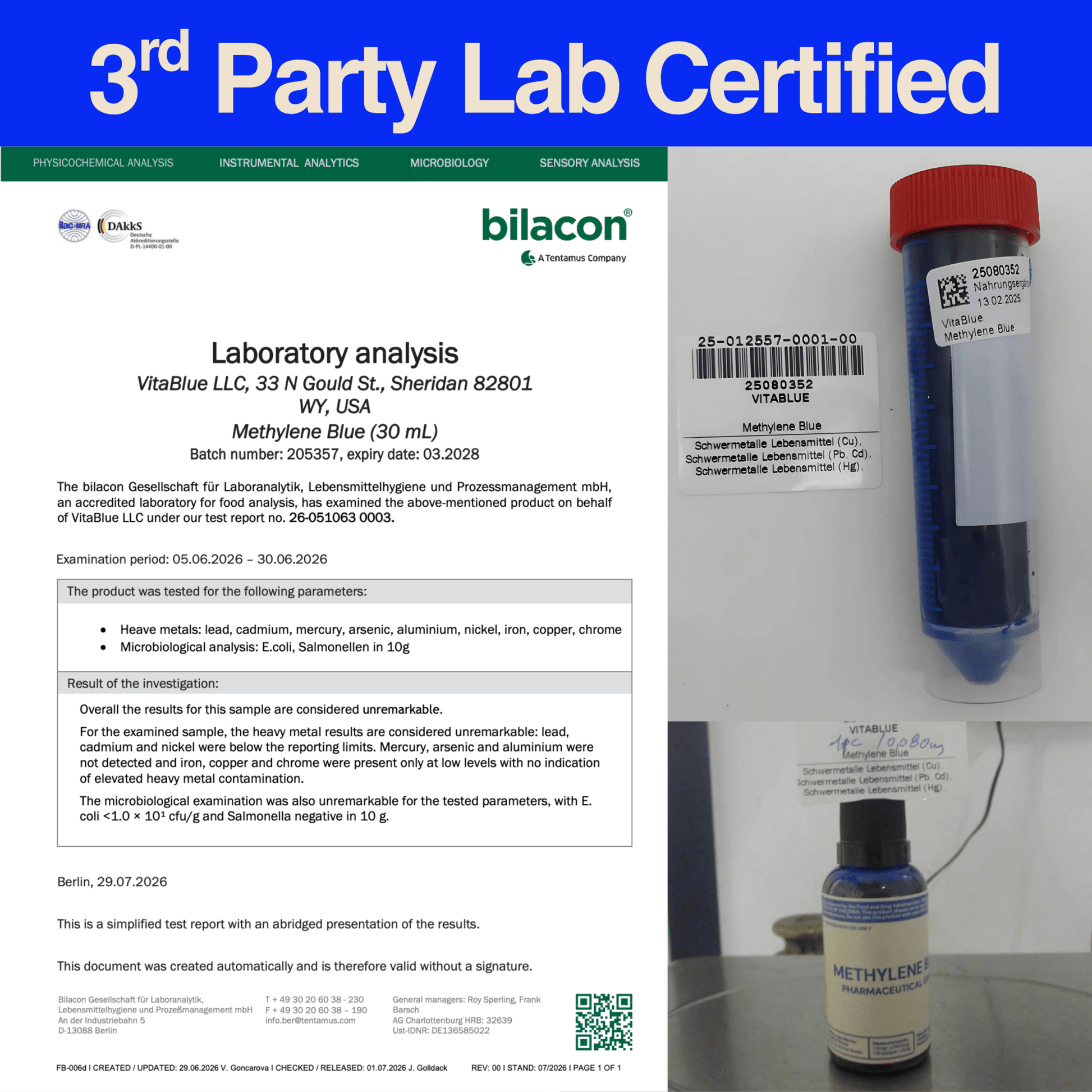A document and two test vials from Bilacon, showing a laboratory analysis certificate for Methylene Blue (30 mL) along with the vials themselves on a white background.