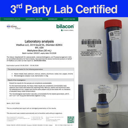 A document and two test vials from Bilacon, showing a laboratory analysis certificate for Methylene Blue (30 mL) along with the vials themselves on a white background.